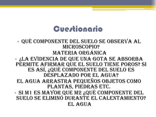 Cuestionario
• Qué componente del suelo se observa al
microscopio?
Materia orgánica
• ¿La evidencia de que una gota se abs...