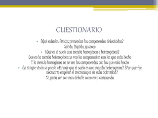 CUESTIONARIO
• ¿Qué estados físicos presentan los componentes detectados?
Solido, liquido, gaseoso
• ¿Qué es el suelo una ...