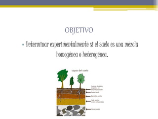 OBJETIVO
• Determinar experimentalmente si el suelo es una mezcla
homogénea o heterogénea.
 