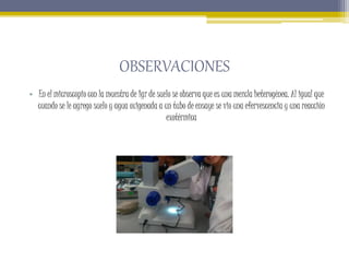 OBSERVACIONES
• En el microscopio con la muestra de 1gr de suelo se observa que es una mezcla heterogénea. Al igual que
cu...
