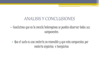 ANALISIS Y CONCLUSIONES
• Concluimos que en la mezcla heterogénea se pueden observar todos sus
componentes
• Que el suelo ...