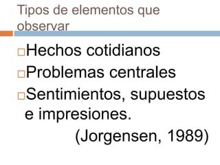 Tipos de elementos que
observar
Hechos cotidianos
Problemas centrales

Sentimientos, supuestos
 e impresiones.
       (Jorgensen, 1989)
 