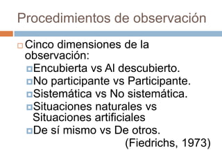 Procedimientos de observación
   Cinco dimensiones de la
    observación:
    Encubierta vs Al descubierto.
    No participante vs Participante.
    Sistemática vs No sistemática.
    Situaciones naturales vs
     Situaciones artificiales
    De sí mismo vs De otros.
                         (Fiedrichs, 1973)
 
