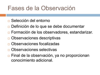 Fases de la Observación
   Selección del entorno
   Definición de lo que se debe documentar
   Formación de los observadores, estandarizar.
   Observaciones descriptivas
   Observaciones focalizadas
   Observaciones selectivas
   Final de la observación, ya no proporcionan
    conocimiento adicional.
 