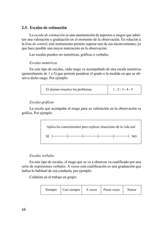 2.5. Escalas de estimación
       La escala de estimación es una enumeración de aspectos o rasgos que admi-
ten una valoración o graduación en el momento de la observación. En relación a
la lista de control, este instrumento permite superar uno de sus inconvenientes, ya
que hace posible una mayor matización en la observación.
     Las escalas pueden ser numéricas, gráficas o verbales.

     Escalas numéricas
     En este tipo de escalas, cada rasgo va acompañado de una escala numérica
(generalmente de 1 a 5) que permite ponderar el grado o la medida en que se ob-
serva dicho rasgo. Por ejemplo:


                El alumno resuelve los problemas                  1-2-3-4-5


     Escalas gráficas
     La escala que acompaña al rasgo para su valoración en la observación es
gráfica. Por ejemplo:


                 Aplica los conocimientos para explicar situaciones de la vida real

                SÍ                                                              NO




     Escalas verbales
      En este tipo de escalas, el rasgo que se va a observar va cualificado por una
serie de expresiones verbales. A veces esta cualificación es una graduación que
indica lo habitual de esa conducta, por ejemplo:
     Colabora en el trabajo en grupo:


                Siempre     Casi siempre      A veces      Pocas veces       Nunca




68
 
