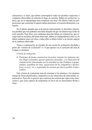 exhaustivas; es decir, que deben contemplarse todas las posibles respuestas o
conductas observables en relación al rasgo en cuestión. Deben ser exclusivas; es
decir, que no se superpongan unas conductas con otras. Por último, todas las pro-
posiciones que concretan el aspecto deben pertenecer a la misma dimensión o ca-
tegoría.
      En el último ejemplo que se ha puesto anteriormente se describen situacio-
nes posibles que nos podemos encontrar después de que un alumno haya leído un
texto sencillo. Pues bien, esas conductas descritas deben ser exhaustivas, que re-
cojan toda la casuística del tema observado, deben ser independientes entre sí, no
deben solaparse unas con otras y todas ellas se deben referir a un mismo aspecto
de la conducta observable.
      Véase a continuación un ejemplo de una escala de estimación diseñada a
partir del “criterio de evaluación” n.º 4 que aparece en el currículo del área de
Lengua y Literatura.
     Criterio de evaluación:
     4. Participar de forma constructiva (escuchar, respetar las opiniones aje-
        nas, llegar a acuerdos, aportar opiniones razonadas...) en situaciones de
        comunicación relacionadas con la actividad escolar (trabajos en grupo,
        debates, asambleas de clase, exposiciones de los compañeros o del pro-
        fesor, recreos, etc.), respetando las normas que hacen posible el inter-
        cambio.
     Este criterio de evaluación trata de constatar si las alumnas y los alumnos
actúan de forma planificada y cooperativa en las situaciones de intercambio co-
municativo. Para ello es preciso que conozcan las normas que rigen estas situa-
ciones y que sean capaces de respetarlas en favor de un intercambio fluido y
claro.




70
 