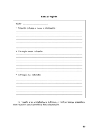Ficha de registro


   Fecha: .................................................

   • Situación en la que se recoge la información:
   .................................................................................................................................
   .................................................................................................................................
   .................................................................................................................................
   .................................................................................................................................
   .................................................................................................................................
   .................................................................................................................................
   .................................................................................................................................

   • Estrategias menos elaboradas:
   .................................................................................................................................
   .................................................................................................................................
   .................................................................................................................................
   .................................................................................................................................
   .................................................................................................................................
   .................................................................................................................................
   .................................................................................................................................

   • Estrategias más elaboradas:
   .................................................................................................................................
   .................................................................................................................................
   .................................................................................................................................
   .................................................................................................................................
   .................................................................................................................................
   .................................................................................................................................
   .................................................................................................................................


    En relación a las actitudes hacia la lectura, el profesor recoge anecdótica-
mente aquellos casos que más le llaman la atención.




                                                                                                                                       89
 