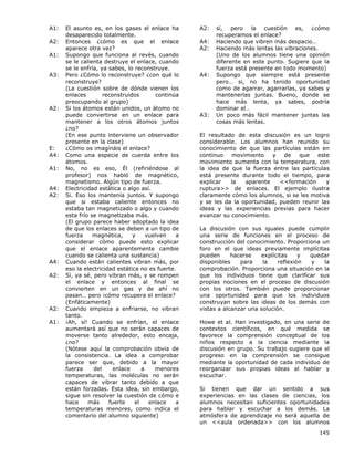 145
A1: El asunto es, en los gases el enlace ha
desaparecido totalmente.
A2: Entonces ¿cómo es que el enlace
aparece otra vez?
A1: Supongo que funciona al revés, cuando
se le calienta destruye el enlace, cuando
se le enfría, ya sabes, lo reconstruye.
A3: Pero ¿Cómo lo reconstruye? ¿con qué lo
reconstruye?
(La cuestión sobre de dónde vienen los
enlaces reconstruidos continúa
preocupando al grupo)
A2: Si los átomos están unidos, un átomo no
puede convertirse en un enlace para
mantener a los otros átomos juntos
¿no?
(En ese punto interviene un observador
presente en la clase)
E: ¿Cómo os imagináis el enlace?
A4: Como una especie de cuerda entre los
átomos.
A1: No, no es eso, Él (refiriéndose al
profesor) nos habló de magnético,
magnetismo. Algún tipo de fuerza.
A4: Electricidad estática o algo así.
A2: Si. Eso los mantenía juntos. Y supongo
que si estaba caliente entonces no
estaba tan magnetizado o algo y cuando
esta frío se magnetizaba más.
(El grupo parece haber adoptado la idea
de que los enlaces se deben a un tipo de
fuerza magnética, y vuelven a
considerar cómo puede esto explicar
que el enlace aparentemente cambie
cuando se calienta una sustancia)
A4: Cuando están calientes vibran más, por
eso la electricidad estática no es fuerte.
A2: Sí, ya sé, pero vibran más, y se rompen
el enlace y entonces al final se
convierten en un gas y de ahí no
pasan… pero ¡cómo recupera el enlace?
(Enfáticamente)
A2: Cuando empieza a enfriarse, no vibran
tanto.
A1: ¡Ah, sí! Cuando se enfrían, el enlace
aumentará así que no serán capaces de
moverse tanto alrededor, esto encaja,
¿no?
(Nótese aquí la comprobación obvia de
la consistencia. La idea a comprobar
parece ser que, debido a la mayor
fuerza del enlace a menores
temperaturas, las moléculas no serán
capaces de vibrar tanto debido a que
están forzadas. Esta idea, sin embargo,
sigue sin resolver la cuestión de cómo e
hace más fuerte el enlace a
temperaturas menores, como indica el
comentario del alumno siguiente)
A2: sí, pero la cuestión es, ¿cómo
recuperamos el enlace?
A4: Haciendo que vibren más despacio…
A2: Haciendo más lentas las vibraciones.
(Uno de los alumnos tiene una opinión
diferente en este punto. Sugiere que la
fuerza está presente en todo momento)
A4: Supongo que siempre está presente
pero… si, no ha tenido oportunidad
como de agarrar, agarrarlas, ya sabes y
mantenerlas juntas. Bueno, donde se
hace más lenta, ya sabes, podría
dominar el…
A3: Un poco más fácil mantener juntas las
cosas más lentas.
El resultado de esta discusión es un logro
considerable. Los alumnos han reunido su
conocimiento de que las partículas están en
continuo movimiento y de que este
movimiento aumenta con la temperatura, con
la idea de que la fuerza entre las partículas
está presente durante todo el tiempo, para
explicar la aparente <<formación y
ruptura>> de enlaces. El ejemplo ilustra
claramente cómo los alumnos, si se les motiva
y se les da la oportunidad, pueden reunir las
ideas y las experiencias previas para hacer
avanzar su conocimiento.
La discusión con sus iguales puede cumplir
una serie de funciones en el proceso de
construcción del conocimiento. Proporciona un
foro en el que ideas previamente implícitas
pueden hacerse explícitas y quedar
disponibles para la reflexión y la
comprobación. Proporciona una situación en la
que los individuos tiene que clarificar sus
propias nociones en el proceso de discusión
con los otros. También puede proporcionar
una oportunidad para que los individuos
construyan sobre las ideas de los demás con
vistas a alcanzar una solución.
Howe et al. Han investigado, en una serie de
contextos científicos, en qué medida se
favorece la comprensión conceptual de los
niños respecto a la ciencia mediante la
discusión en grupo. Su trabajo sugiere que el
progreso en la comprensión se consigue
mediante la oportunidad de cada individuo de
reorganizar sus propias ideas al hablar y
escuchar.
Si tienen que dar un sentido a sus
experiencias en las clases de ciencias, los
alumnos necesitan suficientes oportunidades
para hablar y escuchar a los demás. La
atmósfera de aprendizaje no será aquella de
un <<aula ordenada>> con los alumnos
 
