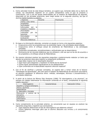 15
ACTIVIDADES SUGERIDAS
1. Como actividad inicial de este bloque temático, se sugiere que, tomando datos de su diario de
campo, los estudiantes registren en un cuadro comparativo como el que se propone a
continuación, una a una las tareas desarrolladas por el maestro de Matemáticas de segundo,
observado en las jornadas anteriores, para luego anotar en la segunda columna, las que el
alumno realizó durante su práctica.
Aspectos Docente Practicante
Tema y sub.-tema
Propósitos
Actividades
efectuadas por la
maestra o maestro
Actividades
realizadas por los
alumnos
Actividades de
evaluación
Recursos didácticos
2. En base a la información obtenida, comentar en equipo en torno a los siguientes aspectos:
• Congruencia entre los propósitos que se pretendían lograr y las actividades desarrolladas.
• Congruencia entre el enfoque actual de enseñanza de Matemáticas y las estrategias
utilizadas.
• Contenidos conceptuales, procedimentales y actitudinales que se desarrollaron.
• Pertinencia de los recursos didácticos que se utilizaron y del uso que se les dio de acuerdo a
los propósitos y el enfoque actual de Matemáticas.
3. De manera individual analizar las siguientes preguntas y posteriormente redactar un texto que
aborde los próximos retos para mejorar su preparación profesional.
• ¿Qué debo mejorar de mi desempeño docente?
• ¿Qué hacer para despertar y mantener el interés de los alumnos?
• ¿Cómo lograr aprendizajes significativos en los adolescentes?
• ¿Qué contenidos de la especialidad requieren atención especial?
4. Con el fin de clarificar y precisar conceptos, se sugiere leer y tomar notas de la lectura:
“Estrategias de Aprendizaje”, del Libro para el maestro de Matemáticas de educación secundaria,
en plenaria establecer la diferencia entre: método, estrategias, técnicas o procedimientos y
actividades didácticas.
5. A partir de la lectura de Mónica Díaz Pontones (1996) “El interrogatorio a los alumnos”, en
equipos de trabajo sistematizar la información contenida en el texto, completando el siguiente
cuadro resumen:
Interrogatorio Características Valoración Crítica
Español y Lengua extranjera.
Física y Química.
Matemáticas
C. Naturales y Sociales
Motivación y control de la
disciplina.
Evaluativo
Informativo
De debate
6. Como complemento de la actividad anterior, es conveniente que en equipos se analicen las
siguientes preguntas y registren sus conclusiones.
• ¿Qué aspectos determinan el tipo de interrogatorio que debemos utilizar?
• ¿Cómo debemos interrogar para que el alumno descubra sus errores y el conocimiento
correcto?
 