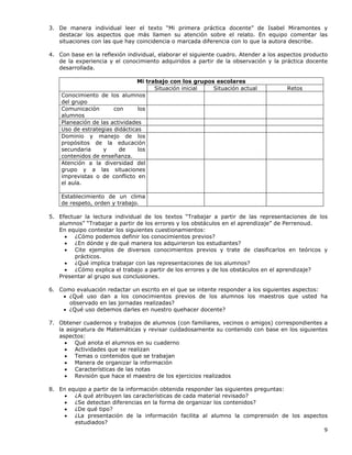 9
3. De manera individual leer el texto “Mi primera práctica docente” de Isabel Miramontes y
destacar los aspectos que más llamen su atención sobre el relato. En equipo comentar las
situaciones con las que hay coincidencia o marcada diferencia con lo que la autora describe.
4. Con base en la reflexión individual, elaborar el siguiente cuadro. Atender a los aspectos producto
de la experiencia y el conocimiento adquiridos a partir de la observación y la práctica docente
desarrollada.
Mi trabajo con los grupos escolares
Situación inicial Situación actual Retos
Conocimiento de los alumnos
del grupo
Comunicación con los
alumnos
Planeación de las actividades
Uso de estrategias didácticas
Dominio y manejo de los
propósitos de la educación
secundaria y de los
contenidos de enseñanza.
Atención a la diversidad del
grupo y a las situaciones
imprevistas o de conflicto en
el aula.
Establecimiento de un clima
de respeto, orden y trabajo.
5. Efectuar la lectura individual de los textos “Trabajar a partir de las representaciones de los
alumnos” “Trabajar a partir de los errores y los obstáculos en el aprendizaje” de Perrenoud.
En equipo contestar los siguientes cuestionamientos:
• ¿Cómo podemos definir los conocimientos previos?
• ¿En dónde y de qué manera los adquirieron los estudiantes?
• Cite ejemplos de diversos conocimientos previos y trate de clasificarlos en teóricos y
prácticos.
• ¿Qué implica trabajar con las representaciones de los alumnos?
• ¿Cómo explica el trabajo a partir de los errores y de los obstáculos en el aprendizaje?
Presentar al grupo sus conclusiones.
6. Como evaluación redactar un escrito en el que se intente responder a los siguientes aspectos:
• ¿Qué uso dan a los conocimientos previos de los alumnos los maestros que usted ha
observado en las jornadas realizadas?
• ¿Qué uso debemos darles en nuestro quehacer docente?
7. Obtener cuadernos y trabajos de alumnos (con familiares, vecinos o amigos) correspondientes a
la asignatura de Matemáticas y revisar cuidadosamente su contenido con base en los siguientes
aspectos:
• Qué anota el alumnos en su cuaderno
• Actividades que se realizan
• Temas o contenidos que se trabajan
• Manera de organizar la información
• Características de las notas
• Revisión que hace el maestro de los ejercicios realizados
8. En equipo a partir de la información obtenida responder las siguientes preguntas:
• ¿A qué atribuyen las características de cada material revisado?
• ¿Se detectan diferencias en la forma de organizar los contenidos?
• ¿De qué tipo?
• ¿La presentación de la información facilita al alumno la comprensión de los aspectos
estudiados?
 