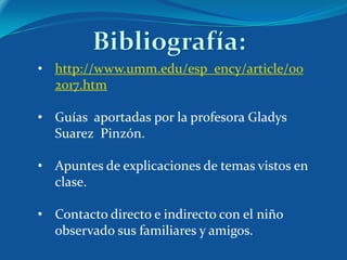 • http://www.umm.edu/esp_ency/article/00
  2017.htm

• Guías aportadas por la profesora Gladys
  Suarez Pinzón.

• Apuntes de explicaciones de temas vistos en
  clase.

• Contacto directo e indirecto con el niño
  observado sus familiares y amigos.
 