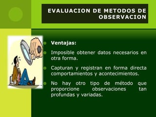EVALUACION DE METODOS DE
                OBSERVACION



   Ventajas:

   Imposible obtener datos necesarios en
    otra forma.

   Capturan y registran en forma directa
    comportamientos y acontecimientos.

   No hay otro tipo de método       que
    proporcione      observaciones   tan
    profundas y variadas.
 