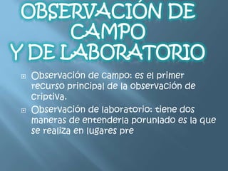    Observación de campo: es el primer
    recurso principal de la observación de
    criptiva.
   Observación de laboratorio: tiene dos
    maneras de entenderla porunlado es la que
    se realiza en lugares pre
 