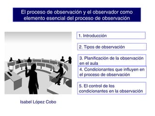 El proceso de observación y el observador como
elemento esencial del proceso de observación
2. Tipos de observación
3. Planificación de la observación
en el aula
4. Condicionantes que influyen en
el proceso de observación
1. Introducción
5. El control de los
condicionantes en la observación
Isabel López Cobo
 