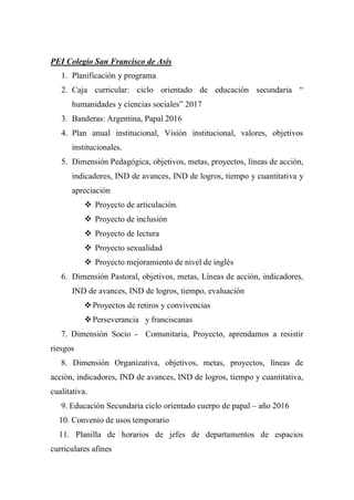 PEI Colegio San Francisco de Asís
1. Planificación y programa
2. Caja curricular: ciclo orientado de educación secundaria “
humanidades y ciencias sociales” 2017
3. Banderas: Argentina, Papal 2016
4. Plan anual institucional, Visión institucional, valores, objetivos
institucionales.
5. Dimensión Pedagógica, objetivos, metas, proyectos, líneas de acción,
indicadores, IND de avances, IND de logros, tiempo y cuantitativa y
apreciación
 Proyecto de articulación.
 Proyecto de inclusión
 Proyecto de lectura
 Proyecto sexualidad
 Proyecto mejoramiento de nivel de inglés
6. Dimensión Pastoral, objetivos, metas, Líneas de acción, indicadores,
IND de avances, IND de logros, tiempo, evaluación
Proyectos de retiros y convivencias
Perseverancia y franciscanas
7. Dimensión Socio - Comunitaria, Proyecto, aprendamos a resistir
riesgos
8. Dimensión Organizativa, objetivos, metas, proyectos, líneas de
acción, indicadores, IND de avances, IND de logros, tiempo y cuantitativa,
cualitativa.
9. Educación Secundaria ciclo orientado cuerpo de papal – año 2016
10. Convenio de usos temporario
11. Planilla de horarios de jefes de departamentos de espacios
curriculares afines
 