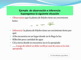 Ejemplo de observación e inferencia:
Supongamos la siguiente situación
• Observamos que la planta de frijoles tiene un crecimiento
lento:
• Inferencia: la planta de frijoles tiene un crecimiento lento por
qué:
• A)Se encuentra en un lugar donde no le llega la luz
• B)Recibe poca cantidad de agua
• C)La tierra donde se encuentra no es la apropiada
• …….Luego de inferir se debe verificar cual de estas es la más
apropiada.
Ps. Flores Morales, Jorge Alberto
 