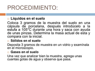 PROCEDIMIENTO:
 Líquidos en el suelo
Coloca 3 gramos de la muestra del suelo en una
cápsula de porcelana, después introdúcelo a la
estufa a 105°C durante una hora y saca con ayuda
de unas pinzas. Determina la masa actual de esta y
compara con la inicial.
 Sólidos en el suelo
Deposita 3 gramos de muestra en un vidrio y examínala
en el microscopio.
 Gases en el suelo
Una vez que analizar bien la muestra, agrega unas
cuantas gotas de agua y observa que pasa.
 
