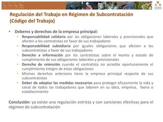 Regulación del Trabajo en Régimen de Subcontratación
(Código del Trabajo)
• Deberes y derechos de la empresa principal:
• Responsabilidad solidaria por las obligaciones laborales y previsionales que
afecten a los contratistas en favor de sus trabajadores
• Responsabilidad subsidiaria por iguales obligaciones que afecten a los
subcontratistas a favor de sus trabajadores
• Derecho a información por los contratistas sobre el monto y estado de
cumplimiento de sus obligaciones laborales y previsionales
• Derecho de retención cuando el contratista no acredite oportunamente el
cumplimiento íntegro de éstas obligaciones
• Mismos derechos anteriores tiene la empresa principal respecto de sus
subcontratistas
• Deber de adoptar las medidas necesarias para proteger eficazmente la vida y
salud de todos los trabajadores que laboren en su obra, empresa, faena o
establecimiento
Conclusión: ya existe una regulación estricta y con sanciones efectivas para el
régimen de subcontratación
 