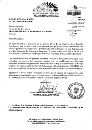 OBSERVACIONES AL PROYECTO DE LEY REFORMATORIA A LA LEY ORGANICA DE TRANSPORTE TERRESTRE TRANSITO Y SEGURIDAD VIAL