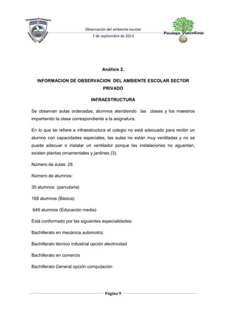 Observación del ambiente escolar
7 de septiembre de 2013
Página 9
Análisis 2.
INFORMACION DE OBSERVACION DEL AMBIENTE ESCOLAR SECTOR
PRIVADO
INFRAESTRUCTURA
Se observan aulas ordenadas, alumnos atendiendo las clases y los maestros
impartiendo la clase correspondiente a la asignatura.
En lo que se refiere a infraestructura el colegio no está adecuado para recibir un
alumno con capacidades especiales, las aulas no están muy ventiladas y no se
puede adecuar o instalar un ventilador porque las instalaciones no aguantan,
existen plantas ornamentales y jardines (3).
Número de aulas: 28
Número de alumnos:
30 alumnos (parvularia)
168 alumnos (Básica)
649 alumnos (Educación media)
Está conformado por las siguientes especialidades:
Bachillerato en mecánica automotriz.
Bachillerato técnico industrial opción electricidad
Bachillerato en comercio
Bachillerato General opción computación
 
