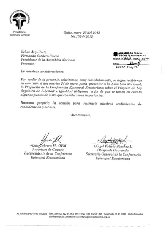 Para su conocimiento adjunto oficio No. 1024/2012 de la Conferencia Episcopal Ecuatoriana, mismo que contiene observaciones al proyecto de Ley Orgánica de Libertad e Igualdad Religiosa.