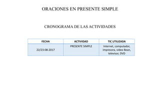 ORACIONES EN PRESENTE SIMPLE
CRONOGRAMA DE LAS ACTIVIDADES
FECHA ACTIVIDAD TIC UTILIZADA
22/23-08-2017
PRESENTE SIMPLE Internet, computador,
impresora, video Bean,
televisor, DVD
 