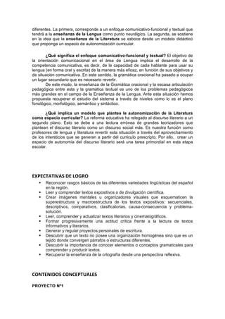 diferentes. La primera, corresponde a un enfoque comunicativo-funcional y textual que
tendrá a la enseñanza de la Lengua como punto neurálgico. La segunda, se sostiene
en la idea que la enseñanza de la Literatura se esboce desde un modelo didáctico
que proponga un espacio de autonomización curricular.

       ¿Qué significa el enfoque comunicativo-funcional y textual? El objetivo de
la orientación comunicacional en el área de Lengua implica el desarrollo de la
competencia comunicativa, es decir, de la capacidad de cada hablante para usar su
lengua (en forma oral y escrita) de la manera más eficaz, en función de sus objetivos y
de situación comunicativa. En este sentido, la gramática oracional ha pasado a ocupar
un lugar secundario que es necesario revertir.
       De este modo, la enseñanza de la Gramática oracional y la escasa articulación
pedagógica entre esta y la gramática textual es uno de los problemas pedagógicos
más grandes en el campo de la Enseñanza de la Lengua. Ante esta situación hemos
propuesta recuperar el estudio del sistema a través de niveles como lo es el plano
fonológico, morfológico, semántico y sintáctico.

       ¿Qué implica un modelo que plantea la autonomización de la Literatura
como espacio curricular? La reforma educativa ha relegado al discurso literario a un
segundo plano. Esto se debe a una lectura errónea de grandes teorizadores que
plantean el discurso literario como un discurso social más. Es nuestra función como
profesores de lengua y literatura revertir esta situación a través del aprovechamiento
de los intersticios que se generan a partir del curriculo prescripto. Por ello, crear un
espacio de autonomía del discurso literario será una tarea primordial en esta etapa
escolar.




EXPECTATIVAS DE LOGRO
   §   Reconocer rasgos básicos de las diferentes variedades lingüísticas del español
       en la región.
   §   Leer y comprender textos expositivos o de divulgación científica.
   §   Crear imágenes mentales u organizadores visuales que esquematicen la
       superestructura y macroestructura de los textos expositivos: secuenciales,
       descriptivos, comparativos, clasificatorias, causa-consecuencia y problema-
       solución.
   §   Leer, comprender y actualizar textos literarios y cinematográficos.
   §   Formar progresivamente una actitud crítica frente a la lectura de textos
       informativos y literarios.
   §   Generar y regular proyectos personales de escritura.
   §   Descubrir que un texto no posee una organización homogénea sino que es un
       tejido donde convergen párrafos o estructuras diferentes.
   §   Descubrir la importancia de conocer elementos o conceptos gramaticales para
       comprender y producir textos.
   §   Recuperar la enseñanza de la ortografía desde una perspectiva reflexiva.



CONTENIDOS CONCEPTUALES

PROYECTO Nº1
 