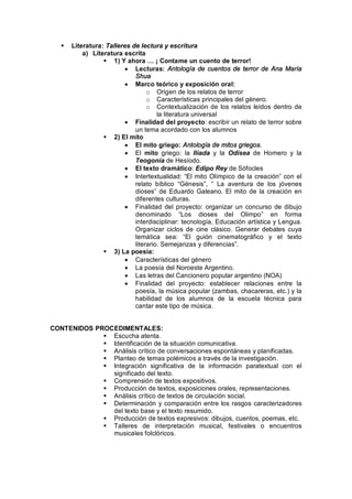§   Literatura: Talleres de lectura y escritura
           a) Literatura escrita
                  § 1) Y ahora        ¡ Contame un cuento de terror!
                          · Lecturas: Antología de cuentos de terror de Ana María
                             Shua
                          · Marco teórico y exposición oral:
                                  o Origen de los relatos de terror
                                  o Características principales del género.
                                  o Contextualización de los relatos leídos dentro de
                                      la literatura universal
                          · Finalidad del proyecto: escribir un relato de terror sobre
                             un tema acordado con los alumnos
                  § 2) El mito
                          · El mito griego: Antología de mitos griegos.
                          · El mito griego: la Ilíada y la Odisea de Homero y la
                             Teogonía de Hesíodo.
                          · El texto dramático: Edipo Rey de Sófocles
                          · Intertextualidad: El mito Olímpico de la creación con el
                             relato bíblico Génesis , La aventura de los jóvenes
                             dioses de Eduardo Galeano. El mito de la creación en
                             diferentes culturas.
                          · Finalidad del proyecto: organizar un concurso de dibujo
                             denominado Los dioses del Olimpo en forma
                             interdisciplinar: tecnología, Educación artística y Lengua.
                             Organizar ciclos de cine clásico. Generar debates cuya
                             temática sea: El guión cinematográfico y el texto
                             literario. Semejanzas y diferencias .
                  § 3) La poesía:
                          · Características del género
                          · La poesía del Noroeste Argentino.
                          · Las letras del Cancionero popular argentino (NOA)
                          · Finalidad del proyecto: establecer relaciones entre la
                             poesía, la música popular (zambas, chacareras, etc.) y la
                             habilidad de los alumnos de la escuela técnica para
                             cantar este tipo de música.


CONTENIDOS PROCEDIMENTALES:
             § Escucha atenta.
             § Identificación de la situación comunicativa.
             § Análisis crítico de conversaciones espontáneas y planificadas.
             § Planteo de temas polémicos a través de la investigación.
             § Integración significativa de la información paratextual con el
               significado del texto.
             § Comprensión de textos expositivos.
             § Producción de textos, exposiciones orales, representaciones.
             § Análisis crítico de textos de circulación social.
             § Determinación y comparación entre los rasgos caracterizadores
               del texto base y el texto resumido.
             § Producción de textos expresivos: dibujos, cuentos, poemas, etc.
             § Talleres de interpretación musical, festivales o encuentros
               musicales folclóricos.
 