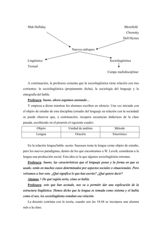 Mak Halliday                                                               Blomfield
                                                                                Chomsky
                                                                              Dell Hymes


                                      Nuevos enfoques


   Lingüística                                                     Sociolingüística
   Textual
                                                                 Campo multidisciplinar


   A continuación, la profesora comenta que la sociolingüística tiene relación con tres
corrientes: la sociolingüística (propiamente dicha), la sociología del lenguaje y la
etnografía del habla.
   Profesora: bueno, ahora seguimos anotando
   Y empieza a dictar mientras los alumnos escriben en silencio. Una vez iniciado con
el objeto de estudio de esta disciplina (estudio del lenguaje en relación con la sociedad)
se puede observar que, a continuación, recupera secuencias didácticas de la clase
pasada, escribiendo en el pizarrón el siguiente cuadro:
          Objeto                   Unidad de análisis                  Método
          Lengua                        Oración                      Sincrónico


   En la relación lengua/habla -acota- Saussure toma la lengua como objeto de estudio,
pero los nuevos paradigmas, dentro de los que encontramos a W. Lavob, consideran a la
lengua una producción social. Esta idea es la que algunos sociolingüistas retoman.
   Profesora: bueno, las características que el lenguaje posee y la forma en que es
usado, están en muchos casos determinados por aspectos sociales o situacionales. Pero
volvamos a leer esto. ¿Qué significa lo que han escrito? ¿Qué quiere decir?
   Alumno 3 De qué región sería, cómo se habla.
   Profesora: esto que han acotado, nos va a permitir dar una explicación de la
estructura lingüística. Hemos dicho que la lengua es tomada como sistema y el habla
como el uso, los sociolingüistas estudian esa relación.
   La docente continúa con la teoría, cuando son las 18:44 se incorpora una alumna
más a la clase.
 