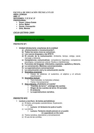 ESCUELA DE EDUCACIÓN TÉCNICA Nº5.135
AREA: LENGUA
AÑO: 2º
SECCIONES: 1º,2º,3º,4º, 5º
PROFESORAS:
  § Guyer, Liliana Estela
  § Arrua, Mabel
  § Gonza, Concepción
  § Ortiz, Mariela

CICLO LECTIVO: 2009


   PROGRAMA PARA EL ALUMNO

PROYECTO Nº1

   §   Unidad introductoria: enseñanza de la oralidad
          a) ¿Comunicación o incomunicación?.
          b) Todos los seres vivos se comunican.
          c) Los nuevos lenguajes y las NTIC S
          d) El circuito de la comunicación: Ambiente, tiempo, código, canal,
             mensaje y referente.
          e) Competencias comunicativas: competencia lingúística, competencia
             psicológica, competencia cultural. Ruidos o interferencias
          f) Funciones del lenguaje: informativa, expresiva, apelativa y literaria.
          g) La conversación. Máximas conversacionales.
          h) La superestructura conversacional.
          i) La comunicación oral y la comunicación escrita
          j) Gramática oracional:
                 § Clases de palabras: el sustantivo, el adjetivo y el artículo
                    (clasificación)
          k) Gramática textual:
                 § Tipos textuales: la historieta (viñetas)
                 § Trama: Conversacional
          l) Area Literaria: ¡Cuéntame un cuento!
                 §   Cuentos de terror : antología de cuentos
                 § Origen de los cuentos de terror. El narrador.
                 § El ambiente
                 § La superestructura narrativa.


PROYECTO Nº2
   §   Lectura y escritura de textos periodísticos:
          a) El diario, principales características. Exploración.
          b) La noticia.
                 § Lectura: Un fantasma les quita el sueño
          c) La crónica
                 § Lectura: Fantasma desató psicosis en un pueblo
                                     Un espectáculo on the rocks
          d) Trama narrativa, descriptiva y conversacional.
          e) El uso de las comillas.
 
