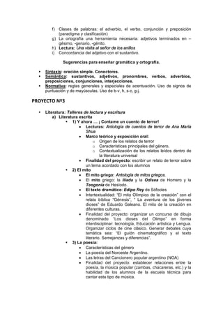 f) Clases de palabras: el adverbio, el verbo, conjunción y preposición
            (paradigma y clasificación)
         g) La ortografía una herramienta necesaria: adjetivos terminados en
            gésimo, -genario, -génito.
         h) Lectura: Una visita al señor de los anillos
         i) Concordancia del adjetivo con el sustantivo.

               Sugerencias para enseñar gramática y ortografía.

  §   Sintaxis: oración simple. Conectores.
  §   Semántica: sustantivos, adjetivos, pronombres, verbos, adverbios,
      preposiciones, conjunciones, interjecciones.
  §   Normativa: reglas generales y especiales de acentuación. Uso de signos de
      puntuación y de mayúsculas. Uso de b-v, h, s-c, g-j.

PROYECTO Nº3

  §   Literatura: Talleres de lectura y escritura
          a) Literatura escrita
                 § 1) Y ahora        ¡ Contame un cuento de terror!
                         · Lecturas: Antología de cuentos de terror de Ana María
                            Shua
                         · Marco teórico y exposición oral:
                                 o Origen de los relatos de terror
                                 o Características principales del género.
                                 o Contextualización de los relatos leídos dentro de
                                     la literatura universal
                         · Finalidad del proyecto: escribir un relato de terror sobre
                            un tema acordado con los alumnos
                 § 2) El mito
                         · El mito griego: Antología de mitos griegos.
                         · El mito griego: la Ilíada y la Odisea de Homero y la
                            Teogonía de Hesíodo.
                         · El texto dramático: Edipo Rey de Sófocles
                         · Intertextualidad: El mito Olímpico de la creación con el
                            relato bíblico Génesis , La aventura de los jóvenes
                            dioses de Eduardo Galeano. El mito de la creación en
                            diferentes culturas.
                         · Finalidad del proyecto: organizar un concurso de dibujo
                            denominado Los dioses del Olimpo en forma
                            interdisciplinar: tecnología, Educación artística y Lengua.
                            Organizar ciclos de cine clásico. Generar debates cuya
                            temática sea: El guión cinematográfico y el texto
                            literario. Semejanzas y diferencias .
                 § 3) La poesía:
                         · Características del género
                         · La poesía del Noroeste Argentino.
                         · Las letras del Cancionero popular argentino (NOA)
                         · Finalidad del proyecto: establecer relaciones entre la
                            poesía, la música popular (zambas, chacareras, etc.) y la
                            habilidad de los alumnos de la escuela técnica para
                            cantar este tipo de música.
 