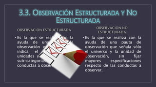 • Es la que se realiza con la
ayuda de una pauta de
observación específica, que
indica el universo, las
unidades y las categorías y
sub-categorías de las
conductas a observar.
• Es la que se realiza con la
ayuda de una pauta de
observación que señala sólo
el universo y la unidad de
observación, sin fijar
mayores especificaciones
respecto de las conductas a
observar.
 