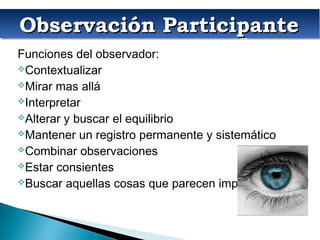 Observación ParticipanteObservación ParticipanteObservación ParticipanteObservación Participante
Funciones del observador:
Contextualizar
Mirar mas allá
Interpretar
Alterar y buscar el equilibrio
Mantener un registro permanente y sistemático
Combinar observaciones
Estar consientes
Buscar aquellas cosas que parecen imperceptibles.
 