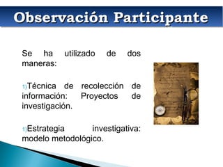 Observación ParticipanteObservación ParticipanteObservación ParticipanteObservación Participante
Se ha utilizado de dos
maneras:
1)Técnica de recolección de
información: Proyectos de
investigación.
1)Estrategia investigativa:
modelo metodológico.
 
