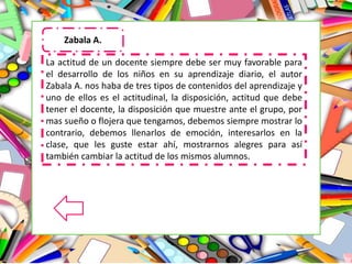 La actitud de un docente siempre debe ser muy favorable para
el desarrollo de los niños en su aprendizaje diario, el autor
Zabala A. nos haba de tres tipos de contenidos del aprendizaje y
uno de ellos es el actitudinal, la disposición, actitud que debe
tener el docente, la disposición que muestre ante el grupo, por
mas sueño o flojera que tengamos, debemos siempre mostrar lo
contrario, debemos llenarlos de emoción, interesarlos en la
clase, que les guste estar ahí, mostrarnos alegres para así
también cambiar la actitud de los mismos alumnos.
Zabala A.
 