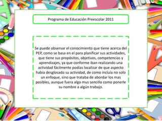 Programa de Educación Preescolar 2011
Se puede observar el conocimiento que tiene acerca del
PEP, como se basa en el para planificar sus actividades,
que tiene sus propósitos, objetivos, competencias y
aprendizajes, ya que conforme iban realizando una
actividad fácilmente podías localizar de que aspecto
había desglosado su actividad, de como incluía no solo
un enfoque, sino que trataba de abordar los mas
posibles, aunque fuera algo mus sencillo como ponerle
su nombre a algún trabajo.
 