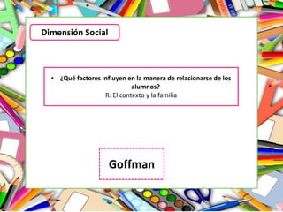 Dimensión Social
• ¿Qué factores influyen en la manera de relacionarse de los
alumnos?
R: El contexto y la familia
Goffman
 