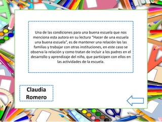 Claudia
Romero
Una de las condiciones para una buena escuela que nos
menciona esta autora en su lectura “Hacer de una escuela
una buena escuela”, es de mantener una relación los las
familias y trabajar con otras instituciones, en este caso se
observa la relación y como tratan de incluir a los padres en el
desarrollo y aprendizaje del niño, que participen con ellos en
las actividades de la escuela.
 