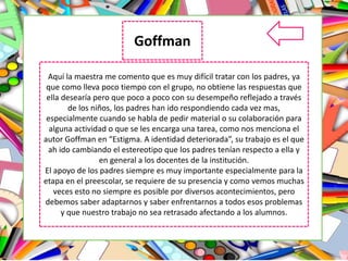 Aquí la maestra me comento que es muy difícil tratar con los padres, ya
que como lleva poco tiempo con el grupo, no obtiene las respuestas que
ella desearía pero que poco a poco con su desempeño reflejado a través
de los niños, los padres han ido respondiendo cada vez mas,
especialmente cuando se habla de pedir material o su colaboración para
alguna actividad o que se les encarga una tarea, como nos menciona el
autor Goffman en “Estigma. A identidad deteriorada”, su trabajo es el que
ah ido cambiando el estereotipo que los padres tenían respecto a ella y
en general a los docentes de la institución.
El apoyo de los padres siempre es muy importante especialmente para la
etapa en el preescolar, se requiere de su presencia y como vemos muchas
veces esto no siempre es posible por diversos acontecimientos, pero
debemos saber adaptarnos y saber enfrentarnos a todos esos problemas
y que nuestro trabajo no sea retrasado afectando a los alumnos.
Goffman
 