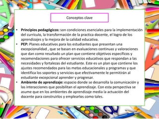 • Principios pedagógicos: son condiciones esenciales para la implementación
del currículo, la transformación de la practica docente, el logro de los
aprendizajes y la mejora de la calidad educativa.
• PEP: Planes educativos para los estudiantes que presentan una
excepcionalidad , que se basan en evaluaciones continuas y valoraciones
que dan como resultado un plan que contiene objetivos específicos y
recomendaciones para ofrecer servicios educativos que respondan a las
necesidades y fortalezas del estudiante. Este es un plan que contiene los
ajustes recomendados para las metas educacionales y programas y que
identifica los soportes y servicios que efectivamente le permitirán al
estudiante excepcional aprender y progresar.
• Ambiente de aprendizaje: espacio donde se desarrolla la comunicación y
las interacciones que posibilitan el aprendizaje. Con esta perspectiva se
asume que en los ambientes de aprendizaje media la actuación del
docente para construirlos y emplearlos como tales.
Conceptos clave
 