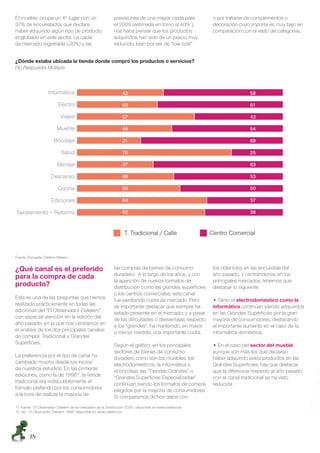 El mueble, ocupa un 4º lugar con un                           previsiones de una mayor caída para           o por tratarse de complementos o
37% de encuestados que declara                                el 2009 (estimada en torno al 40%1),          decoración cuyo importe es muy bajo en
haber adquirido algún tipo de producto                        nos hace pensar que los productos             comparación con el resto de categorías.
englobado en este sector. La caída                            adquiridos han sido de un precio muy
de mercado registrada (-20%) y las                            reducido, bien por ser de “low cost”


¿Dónde estaba ubicada la tienda donde compró los productos o servicios?
(%) Respuesta Múltiple




Fuente: Encuesta Cetelem-Nielsen


¿Qué canal es el preferido                                    las compras de bienes de consumo              los obtenidos en las encuestas del
                                                              duradero. A lo largo de los años, y con       año pasado, y centrándonos en los
para la compra de cada                                        la aparición de nuevos formatos de            principales mercados, tenemos que
producto?                                                     distribución como las grandes superﬁcies      destacar lo siguiente:
                                                              o los centros comerciales, este canal
Esta es una de las preguntas que hemos                        fue perdiendo cuota de mercado. Pero            ฀     ฀ ฀electrodoméstico como la
realizado prácticamente en todas las                          es importante destacar que siempre ha         informática continúan siendo adquiridos
ediciones del “El Observador Cetelem”,                        estado presente en el mercado, y a pesar      en las Grandes Superﬁcies por la gran
con especial atención en la edición del                       de las diﬁcultades o desventajas respecto     mayoría de consumidores, destacando
año pasado, en la que nos centramos en                        a los “grandes”, ha mantenido, en mayor       el importante aumento en el caso de la
el análisis de los dos principales canales                    o menor medida, una importante cuota.         informática doméstica.
de compra: Tradicional y Grandes
Superﬁcies.                                                   Según el gráﬁco, en los principales             ฀ ฀ ฀      ฀ ฀sector del mueble,
                                                              sectores de bienes de consumo                 aunque son más los que declaran
La preferencia por el tipo de canal ha                        duradero como son los muebles, los            haber adquirido estos productos en las
cambiado mucho desde los inicios                              electrodomésticos, la informática o           Grandes Superﬁcies, hay que destacar
de nuestros estudios. En las primeras                         el bricolaje, las “Tiendas Grandes” o         que la diferencia respecto al año pasado
ediciones, como la de 199812, la tienda                       “Grandes Superﬁcies Especializadas”           con el canal tradicional se ha visto
tradicional era indiscutiblemente el                          continúan siendo los formatos de compra       reducida
formato preferido por los consumidores                        elegidos por la mayoría de consumidores.
a la hora de realizar la mayoría de                           Si comparamos dichos datos con
11. Fuente. “El Observador Cetelem de los mercados de la Distribución 2009”, disponible en www.cetelem.es
12. Ver “ El Observador Cetelem 1998” disponible en www.cetelem.es




        18
 