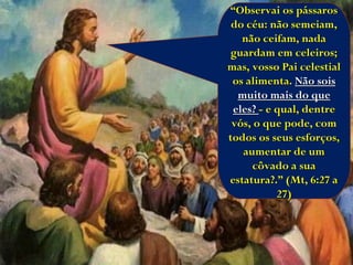 “ Observai os pássaros do céu: não semeiam, não ceifam, nada guardam em celeiros; mas, vosso Pai celestial os alimenta.  Não sois muito mais do que eles?  - e qual, dentre vós, o que pode, com todos os seus esforços, aumentar de um côvado a sua estatura?.” (Mt, 6:27 a 27) 