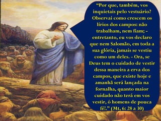 “ Por que, também, vos inquietais pelo vestuário? Observai como crescem os lírios dos campos: não trabalham, nem fiam; - entretanto, eu vos declaro que nem Salomão, em toda a sua glória, jamais se vestiu como um deles. - Ora, se Deus tem o cuidado de vestir dessa maneira a erva dos campos, que existe hoje e amanhã será lançada na fornalha, quanto maior cuidado não terá em vos vestir, ó homens de pouca fé!.” (Mt, 6: 28 a 30) 