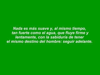 Nada es más suave y, al mismo tiempo,  tan fuerte como el agua, que fluye firme y lentamente, con la sabiduría de tener  el mismo destino del hombre: seguir adelante.  