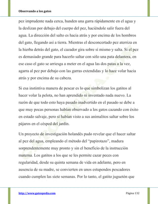Observando a los gatos
http://www.gatospedia.com Página 132
pez imprudente nada cerca, hunden una garra rápidamente en el agua y
la deslizan por debajo del cuerpo del pez, haciéndole salir fuera del
agua. La dirección del salto es hacia atrás y por encima de los hombros
del gato, llegando así a tierra. Mientras el desconcertado pez aterriza en
la hierba detrás del gato, el cazador gira sobre sí mismo y salta. Si el pez
es demasiado grande para hacerlo saltar con sólo una pata delantera, en
ese caso el gato se arriesga a meter en el agua las dos patas a la vez,
agarra al pez por debajo con las garras extendidas y lo hace volar hacia
atrás y por encima de su cabeza.
Si esa instintiva manera de pescar es lo que simbolizan los gatitos al
hacer volar la pelota, no han aprendido ni inventado nada nuevo. La
razón de que todo esto haya pasado inadvertido en el pasado se debe a
que muy pocas personas habían observado a los gatos cazando con éxito
en estado salvaje, pero sí habían visto a sus animalitos saltar sobre los
pájaros en el césped del jardín.
Un proyecto de investigación holandés pudo revelar que el hacer saltar
al pez del agua, empleando el método del “papirotazo”, madura
sorprendentemente muy pronto y sin el beneficio de la instrucción
materna. Los gatitos a los que se les permite cazar peces con
regularidad, desde su quinta semana de vida en adelante, pero en
ausencia de su madre, se convierten en unos estupendos pescadores
cuando cumplen las siete semanas. Por lo tanto, el gatito juguetón que
 