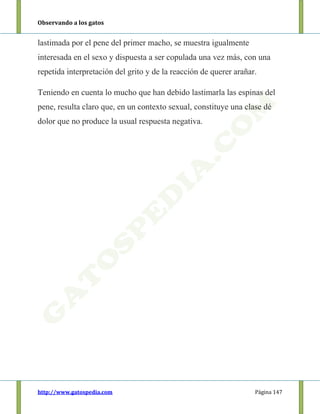 Observando a los gatos
http://www.gatospedia.com Página 147
lastimada por el pene del primer macho, se muestra igualmente
interesada en el sexo y dispuesta a ser copulada una vez más, con una
repetida interpretación del grito y de la reacción de querer arañar.
Teniendo en cuenta lo mucho que han debido lastimarla las espinas del
pene, resulta claro que, en un contexto sexual, constituye una clase dé
dolor que no produce la usual respuesta negativa.
 