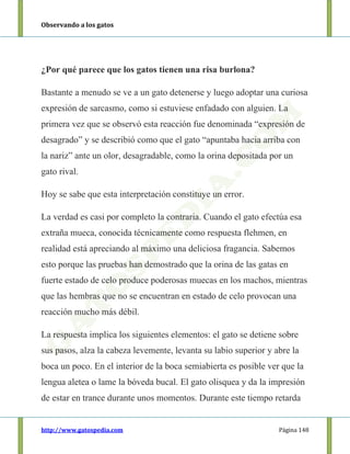Observando a los gatos
http://www.gatospedia.com Página 148
¿Por qué parece que los gatos tienen una risa burlona?
Bastante a menudo se ve a un gato detenerse y luego adoptar una curiosa
expresión de sarcasmo, como si estuviese enfadado con alguien. La
primera vez que se observó esta reacción fue denominada “expresión de
desagrado” y se describió como que el gato “apuntaba hacia arriba con
la nariz” ante un olor, desagradable, como la orina depositada por un
gato rival.
Hoy se sabe que esta interpretación constituye un error.
La verdad es casi por completo la contraria. Cuando el gato efectúa esa
extraña mueca, conocida técnicamente como respuesta flehmen, en
realidad está apreciando al máximo una deliciosa fragancia. Sabemos
esto porque las pruebas han demostrado que la orina de las gatas en
fuerte estado de celo produce poderosas muecas en los machos, mientras
que las hembras que no se encuentran en estado de celo provocan una
reacción mucho más débil.
La respuesta implica los siguientes elementos: el gato se detiene sobre
sus pasos, alza la cabeza levemente, levanta su labio superior y abre la
boca un poco. En el interior de la boca semiabierta es posible ver que la
lengua aletea o lame la bóveda bucal. El gato olisquea y da la impresión
de estar en trance durante unos momentos. Durante este tiempo retarda
 