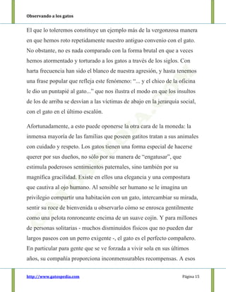 Observando a los gatos
http://www.gatospedia.com Página 15
El que lo toleremos constituye un ejemplo más de la vergonzosa manera
en que hemos roto repetidamente nuestro antiguo convenio con el gato.
No obstante, no es nada comparado con la forma brutal en que a veces
hemos atormentado y torturado a los gatos a través de los siglos. Con
harta frecuencia han sido el blanco de nuestra agresión, y hasta tenemos
una frase popular que refleja este fenómeno: “... y el chico de la oficina
le dio un puntapié al gato...” que nos ilustra el modo en que los insultos
de los de arriba se desvían a las víctimas de abajo en la jerarquía social,
con el gato en el último escalón.
Afortunadamente, a esto puede oponerse la otra cara de la moneda: la
inmensa mayoría de las familias que poseen gatitos tratan a sus animales
con cuidado y respeto. Los gatos tienen una forma especial de hacerse
querer por sus dueños, no sólo por su manera de “engatusar”, que
estimula poderosos sentimientos paternales, sino también por su
magnífica gracilidad. Existe en ellos una elegancia y una compostura
que cautiva al ojo humano. Al sensible ser humano se le imagina un
privilegio compartir una habitación con un gato, intercambiar su mirada,
sentir su roce de bienvenida u observarlo cómo se enrosca gentilmente
como una pelota ronroneante encima de un suave cojín. Y para millones
de personas solitarias - muchos disminuidos físicos que no pueden dar
largos paseos con un perro exigente -, el gato es el perfecto compañero.
En particular para gente que se ve forzada a vivir sola en sus últimos
años, su compañía proporciona inconmensurables recompensas. A esos
 