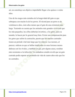 Observando a los gatos
http://www.gatospedia.com Página 156
así, no constituye un objetivo improbable llegar a los quince o veinte
años.
Uno de los rasgos más extraños de la longevidad del gato es que
sobrepasa con mucho la de los perros. El récord para un perro es de
veintinueve años, siete años menos que el gato de una existencia más
larga. Teniendo en cuenta que los animales más grandes viven más que
los más pequeños, las cifras deberían invertirse, y los gatos, para su
tamaño, lo hacen por lo general muy bien. Existe una compensación para
los gatos que sufren la castración, puesto que los machos castrados
tienen un período vital más largo que los enteros. Las razones, al
parecer, radican en que se hallan implicados en unas lesiones menos
dañosas con los rivales, y también en que, por alguna causa, resultan
más resistentes a la infección. Un cuidadoso estudio reveló que un gato
castrado podía esperar un promedio de vida de cuatro años más que los
no castrados.
 