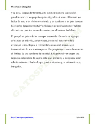 Observando a los gatos
http://www.gatospedia.com Página 159
y se aleja. Sorprendentemente, esto también funciona tanto en los
grandes como en los pequeños gatos atigrados. A veces el lamerse los
labios da paso a un violento estornudo y en ocasiones a un gran bostezo.
Estos actos parecen constituir “actividades de desplazamiento” felinas
alternativas, pero son menos frecuentes que el lamerse los labios.
El porqué un gato se irrita tanto por un sonido vibratorio es algo que
constituye un misterio, a menos que, durante el transcurso de la
evolución felina, llegase a representar a un animal nocivo, algo
inconveniente de atacar como presa. Un ejemplo que viene a la mente es
el tintineo de una serpiente de cascabel. Los gatos tal vez tengan una
respuesta automática de alarma ante tales animales, y esto puede estar
relacionado con el hecho de que queden alterados y, al mismo tiempo,
intrigados.
 